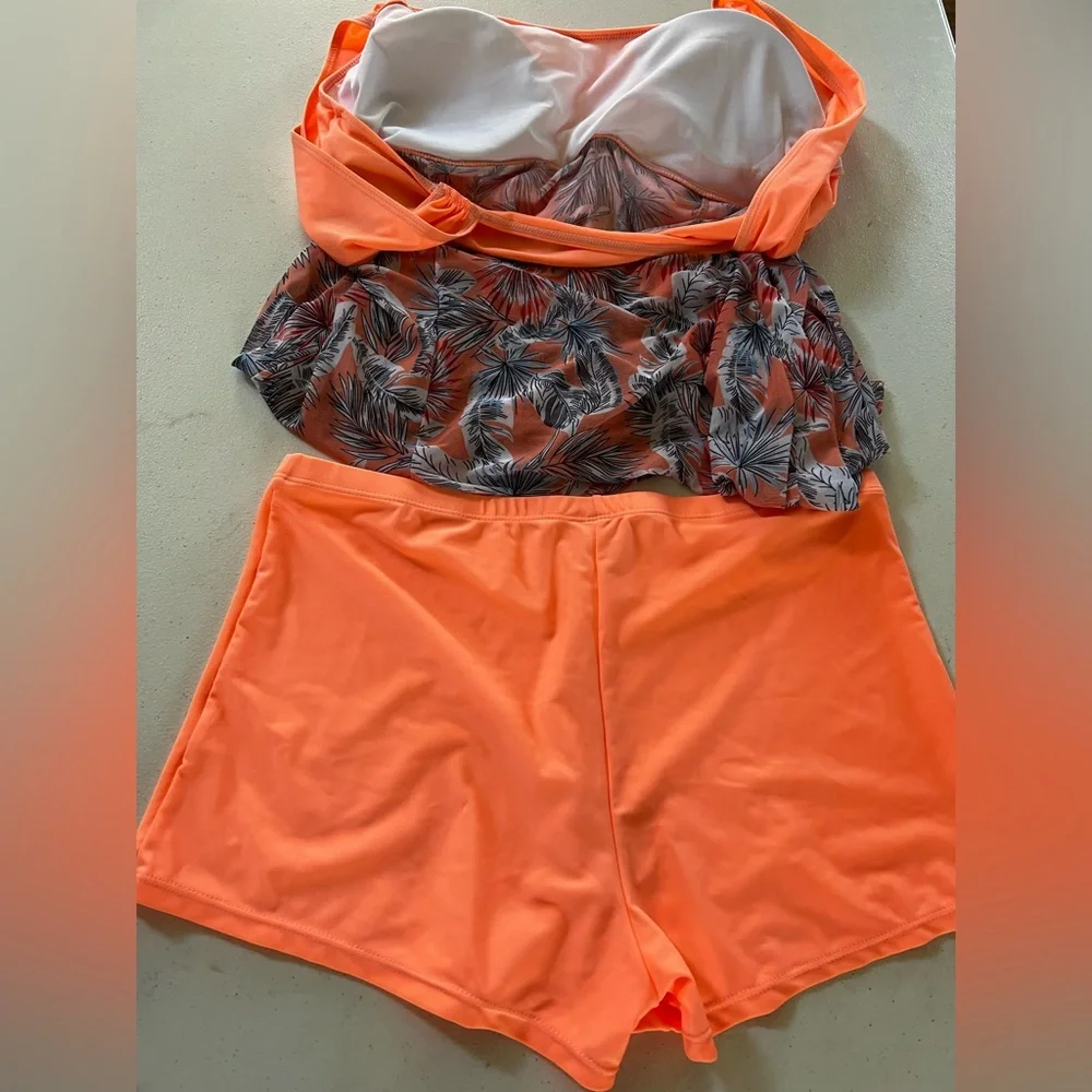 Coral and Silver Floral One-Piece Swimsuit with Ruffles